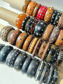 10/7/5/3/1件（小号）随机颜色朋克风银色铆钉树脂木质手镯，不对称树脂石星星手镯 - 彩色 - 查看 4