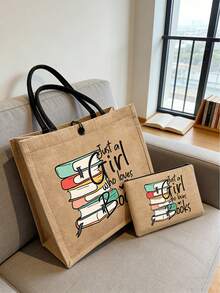 黃色亞麻2件組，大容量亞麻托特包，印有「Just A Girl Who Loves Books」彩色字母印花圖案，愛書之人設計，時尚女款亞麻托特包，多功能購物袋、筆袋、化妝包，適合女性、母親、老師、朋友、學生作為禮物，適用於海灘、假期、返校、母親節、教師節、返校季 - 彩色 - 查看 8