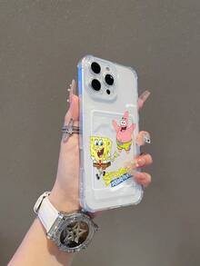1pc Cute & Fun Transparent Card Holder Case, Minimalist Design - Spongebob Squarepants Painted Pattern, Shockproof Phone Case Compatible With IPhone 11/12/12 Pro Max/14 Pro Max/15/15 Pro/16/16 Pro Max/17 And Other Models - Multicolor - View 4