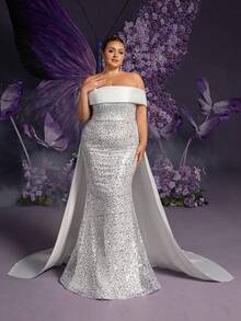 Faeriesty 大码优雅白色亮片露肩晚礼服，美人鱼廓形，全身亮片装饰，长拖尾 - 完美适用于夏季婚礼、正式晚宴、红毯活动、周年纪念晚宴 - 白色 - 查看 5