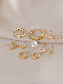 9 pièces Ensemble de boucles d'oreilles vintage élégantes avec zircone et faux perle, boucles d'oreilles multi-couches pour cartilage, convient pour le quotidien, les rendez-vous, les fêtes et le superposage pour les femmes - Or jaune - Voir 4