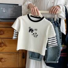 Kaos Lengan Panjang 2 in 1 untuk Anak Laki-laki, Model Kasual Musim Semi 2026 Terbaru, Motif Hewan Kecil Blok Warna, Modis, Lucu, dan Serbaguna - Krem - View 8