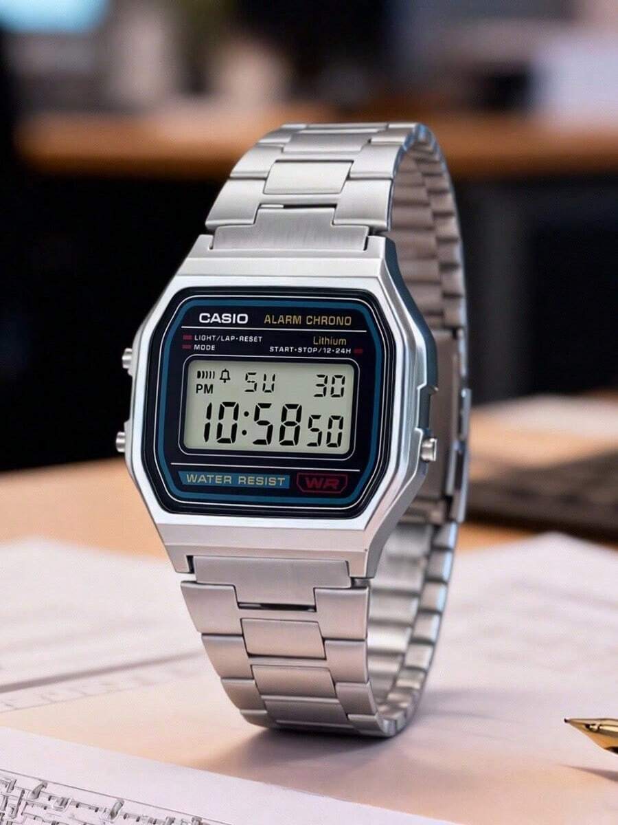 Casio Reloj digital retro para hombre - Con función de cronómetro y luz de fondo, adecuado para uso diario A158WA-1 - Negro - Ver 1