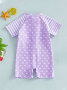 Traje de baño de verano para bebé niña, manga corta, cuello redondo, estampado de lunares y rayas, cremallera frontal. - Morado Violeta - Ver 7