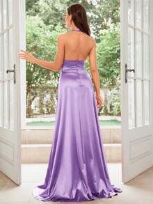 MUXXN 1950s Retro V-Neck Backless Satin Cocktail Party Dress - Lilac Purple - View 2