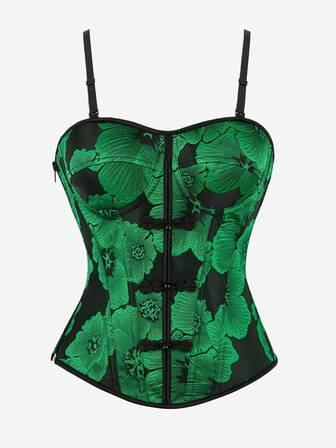 Corset Top, Overbust Boned Crop Top, Spaghetti Strap, Slimming Shaping Bodysuit, Jacquard, Form-Fitting, Vintage Closure For Party, Halloween