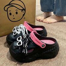 夏季百搭爆款洞洞鞋 女式厚底户外沙滩度假休闲一脚蹬凉鞋 - 黑色 - 查看 2