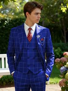 Men's Stripe 3 Piece Suit Set Slim Fit One Button Tuxedo Jacket Vest Pants For Wedding Prom Business & Formal Events - Royal Blue - View 5