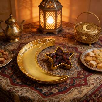 Ramadantallrik, järnformad måne- och stjärnformad bricka, Eid Al-Fitr matserveringsfat, tallrik, bestick, förvaringsbehållare för dessert, lämplig för islamisk Ramadanfestbordsdekoration, järnsked, gaffel och tång