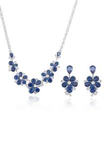 蓝钻花朵项链耳环套装，奢华派对及新娘首饰 - 彩色 - 查看 5