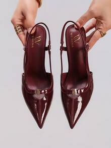 女士时尚搭扣高跟鞋，性感尖头晚宴派对鞋，亮面酒红色细高跟凉鞋 - 酒紅色 - 查看 4