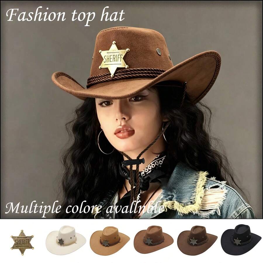 1pc Unisex Detachable Badge Western Cowboy Hat, Wide Brim Panama Hat, Suitable For Western Themed Events, Parties, Engagements, Cosplay, Graduations, Masquerades, Festivals, Weddings, Birthdays, Music Festivals, Everyday Wear - Top Hat - View 1
