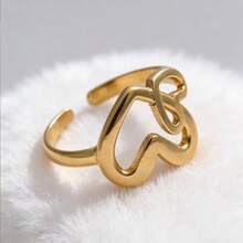1pc Sweet Double Heart Stainless Steel Gold Plated Adjustable Ring, Everyday Wear, Valentine's Day Gift - As Shown - View 4