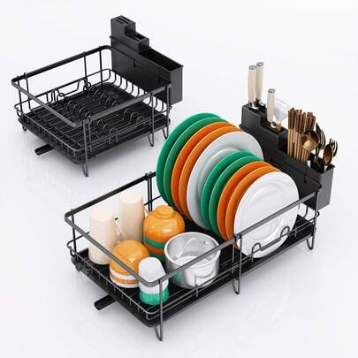 1 pieza Rejilla expandible premium para secar platos - Ahorro de espacio, elegante y eficiente - Rejilla grande para platos con bandeja de goteo y varillas giratorias - Estante de almacenamiento perfecto para la cocina en el mostrador