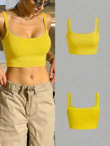修身短款吊带背心，弹力面料，适合春夏穿着，简约百搭，可搭配办公室/居家/街头服饰，休闲/简约/优雅/性感/Y2K风格，可爱上衣，优雅女装，性感夜店装，休闲夏季吊带背心，夏季上衣，可爱夏季上衣，早午餐装，休闲女装，春季装，夏季上衣，简约上衣，性感女装 - 黃色 - 查看 1