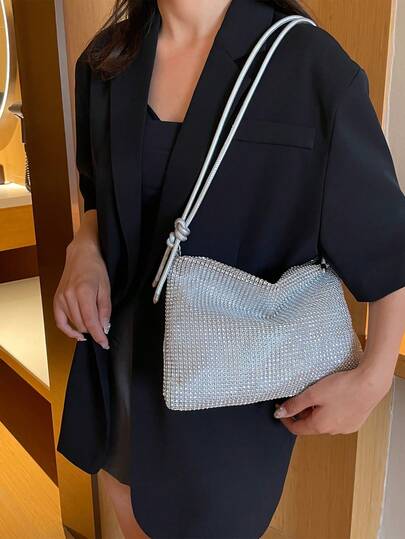 Rhinestone Embellished Fashionable Casual Tote Bag, Chic Shoulder/Underarm/Tote Bag For Commuting In Summer, Suitable For Ladies, Lovers, Travel, Work & Office, Prom, Party, Weekend And Holiday