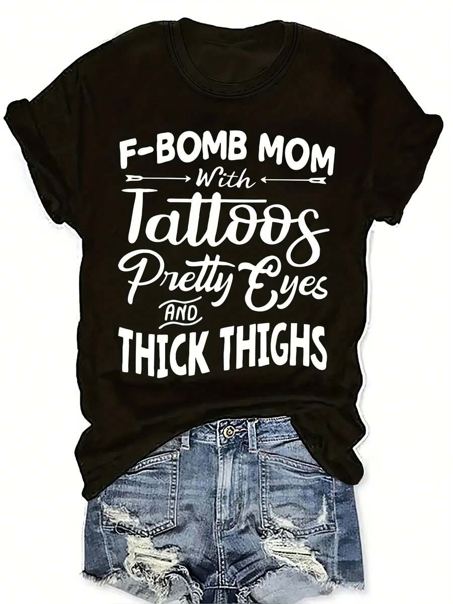 F-Bomb Mom Graphic Tee With Tattoos Short Sleeve Letter Printed Tops Fashion Graphic Shirts - Black - View 1