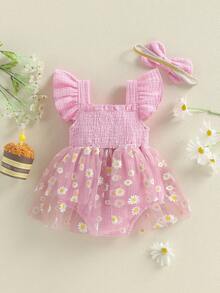 Baby Girl 1st Birthday Clothes One Year Old Tulle Romper Flying Sleeve Bodysuit Cake Smash Outfits - 藕粉色 - 查看 5