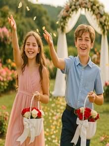 纯色蝴蝶结珍珠手柄花童篮，适合万圣节、圣诞节活动和派对用品，适用场景包括圣诞节、新年、情人节和各种派对活动。 - 彩色 - 查看 2