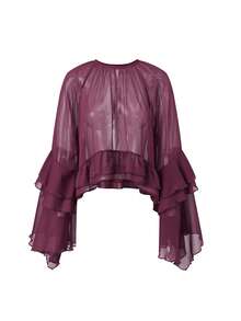 Women Sheer Chiffon Blouse Solid Color Ruffled Long Sleeve Loose Elegant Tops Streetwear - Burdeos - Ver 2