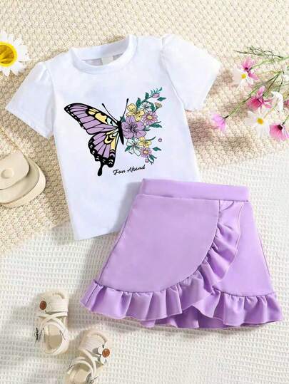 Toddler Cartoon Print Short Sleeve Top And Skirt Set