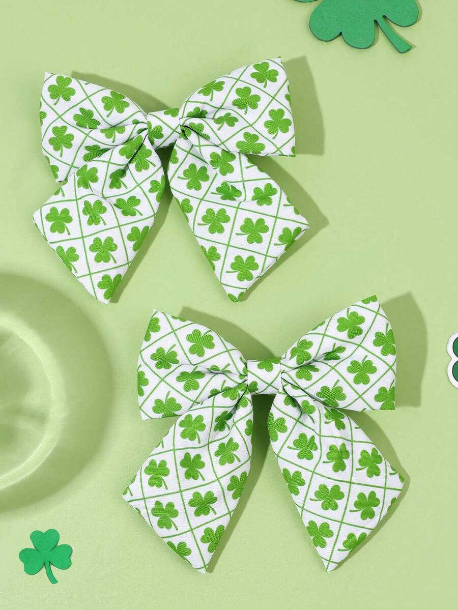 2个圣帕特里克节女孩发夹，绿色三叶草鳄鱼夹，三叶草格子印花蝴蝶结发夹，女孩节日发卡，幸运三叶草发夹，婴儿发饰 - 彩色 - 查看 1