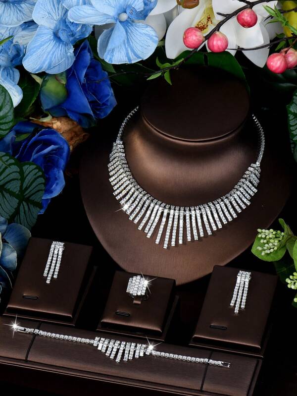 1 Set de joyería geométrica con borlas y circonita cúbica romántica, adecuado para que las mujeres lo usen en bodas
