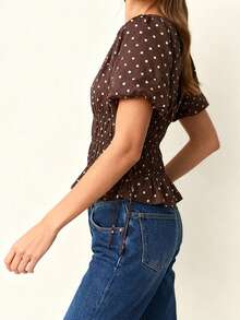 Women Dot Print Summer Blouse Shirred Puff Sleeve Side Tie-up Ruffled Tops for Daily Office Party - Marrón - Ver 5