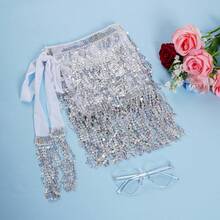 Sequin Belly Dance Scarf Tassel Wrap Sparkly Fringe Skirt With Pair Heart Party Rave Costume Women - Silver - View 3