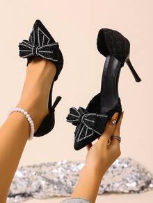 hanxiangyuzu 2026春夏新款女士尖头高跟鞋，镶钻蝴蝶结仙女踝带法式凉鞋，优雅派对装扮 - 黑色 - 查看 9
