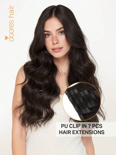 DOORES Seamless PU Clip 7PCS 110g In Human Hair Extension Dark Brown 100% Real Human Hair Invisible And Comfortable Natural Integration Light & Comfortable Dream Hair Premium Virgin Hair Extensions For Women Girls Daily Use Easy To Wear Remy Hair Extensions Charm Elegant Casual Holiday Outfits Cosplay Campus School Sport Vacation Travel Festival Prom Outdoor Cosplay