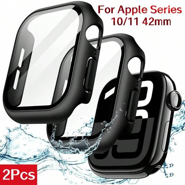2pcs 42mm Hard Protective Case With Tempered Glass Film Compatible With Apple Watch Series 11/10, Outdoor Watch Protective Cover, Fashionable Design, Black/Titanium Color