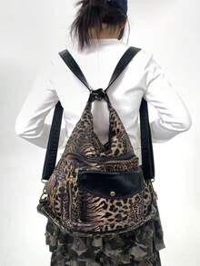 Y2K Retro Women's Leopard Print Shoulder Bag, Large Capacity Multi Pocket Street Crossbody Bag, Multifunctional Convertible Backpack - Black - View 7