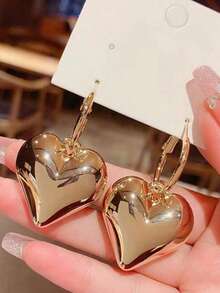 1 Pc Women'S Glossy Heart Design Dangle Earrings - Simple Elegant Stainless Steel Jewelry, Lightweight Comfort Fit, Perfect Valentine'S Day Gift & Thoughtful Present For Moms On Mother'S Day - 金色 - 查看 4