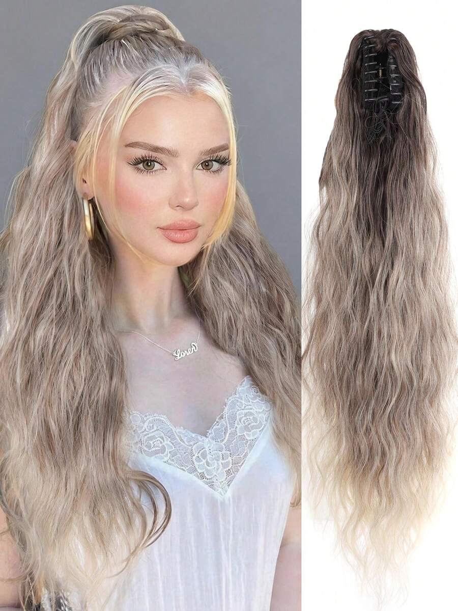 Tóc nối đuôi ngựa dài 26 inch, kiểu sóng nước, chịu nhiệt, làm từ sợi tổng hợp, thích hợp cho phụ nữ và bé gái, dự tiệc hoặc sử dụng hàng ngày. Tóc nối đuôi ngựa kẹp, kiểu tóc xoăn sóng nước, chất liệu chịu nhiệt. - Nhiều màu - Xem 1