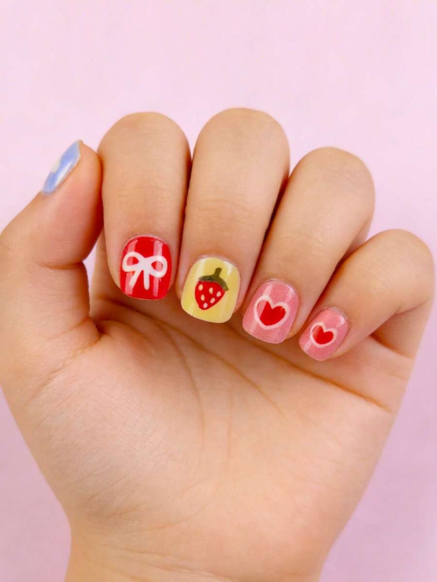 12pcs Valentine's Day Press On Nails Short French Nails Y2k Pink Nails Square Fashion Glitter Geometry Stripes Heart Bow Strawberry Pattern Simple Reusable Press On Acrylic Nails Fake Nails Supplies Free Of 24 Pieces Of Jelly Tabs And A Mini File ﻿ - Pink - View 1