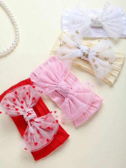 4pcs Heart & Bow Design Baby Headbands, Super Cute Multi-Color Infant Hair Accessories, Wide Headbands Suitable For All Seasons, Great Gift & Photo Prop, Ideal For Valentine's Day