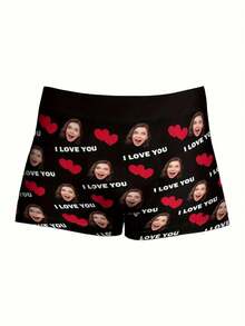 1pc Customized Face Print Men's Briefs, Personalized Gift For Boyfriend/Husband, Printed With "I Love You" And A Red Heart - Multicolor - View 3