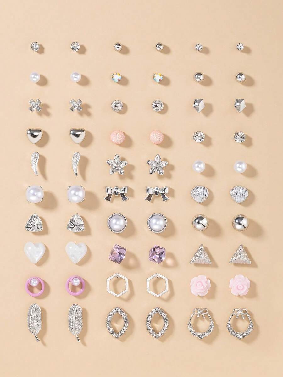 Bộ 30 đôi bông tai kim loại tối giản thanh lịch đính ngọc trai giả, hoa nhỏ, đá pha lê, hình trái tim và nơ, quà tặng sang trọng dành cho phụ nữ. - Nhiều màu - Xem 1