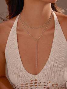 Layered Y-Shaped Double Strand Necklace For Women, Minimalist & Versatile, Elegant For Parties & Gatherings - Silver - View 2
