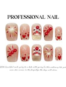 10Pcs Nude Pink False Nails With Lion Heart Design Glitter Artificial Nails For Party And Daily Use