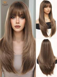XOUJE 长直发合成假发，渐变棕色层次感，独特层次造型，搭配轻盈刘海，外观自然，轻盈舒适，是女士休闲、优雅日常佩戴的理想之选，也适合派对、角色扮演、节日聚会等场合。耐热假发，26英寸。 - 漸層棕色 - 查看 1