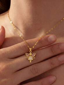 1 pieza Colgante de mariposa elfa con forma de corazón de circonita cúbica exquisita y retro de lujo, cadena de acero inoxidable dorado para clavícula para mujer para uso diario, para amigos, novia, familia, hija, regalo de San Valentín, cumpleaños - Dorado - Ver 2