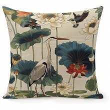 1pc Bird And Lotus Decoration Pillow Case Vintage Decoration Pillowcase With Hidden Zipper White Lake House Pillow Fake Office Patio Single Sided No Pillow Core - 米色 - 查看 5