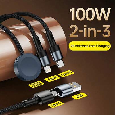 五合一尼龙编织充电线，多功能快充线，支持 Lightning 和 USB-C 接口，便携式旅行磁吸快充线，兼容 Watch 系列 Ultra SE/10/9/8/7/6/5/4/3/2/1、17/16/15/14/13/12 等设备 - 黑色