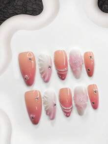 10片/套浪漫秋冬美甲贴纸，亚克力美甲套装，手绘五瓣渐变实心雕塑花朵，闪亮银色实心迷你圆形水钻美甲装饰，银色金属珠链，实心水波纹图案浅粉色贝壳美甲贴纸，甜美法式，白色指甲油美甲用品手工按压式美甲 - 彩色 - 查看 3