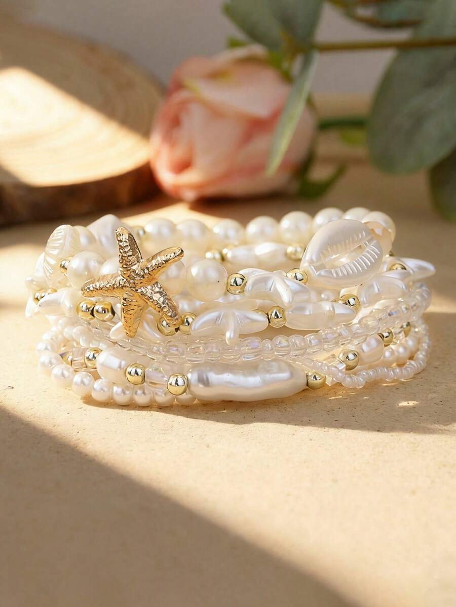 8 Pieces Bohemian Vacation-Style Starfish Shell Crystal Pearl Bracelet Set, Suitable For Women To Wear During Vacations And Music Festivals