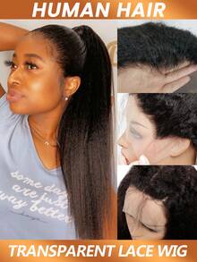 13x4 Transparent Kinky Straight Lace Front Wigs Yaki Straight Human Hair Wigs Bleached Frontal Wigs Texture & Full Volume For Women Pre Plucked 200% Density - Natural Black - View 3