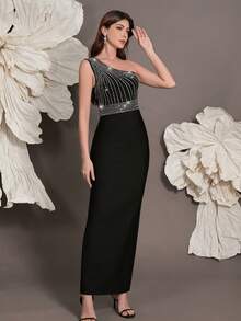 斜肩绷带连衣裙，奢华水钻装饰，性感修身开衩下摆，适合度假、家庭聚会、晚宴、宴会等场合。 - 黑色 - 查看 5