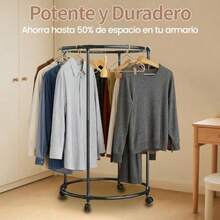 Perchero para ropa circular giratorio 360°, organizador con soporte reforzado, ahorra espacio, carga fuerte, diámetro 75 cm, altura 130 cm, color dorado-003 - Negro11 - Ver 2